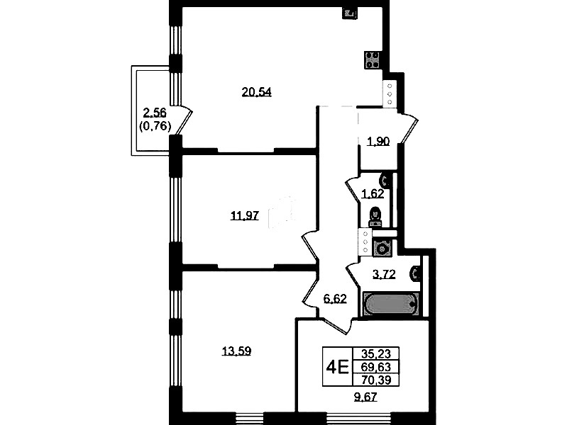 3-комнатная квартира 70.39 м², 2/13 эт., ЖК «Квартал Торики»